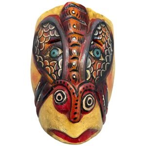 Vintage Hand Carved Painted Wooden Folk Art Mask Tribal Wall Decor Multi-Color
